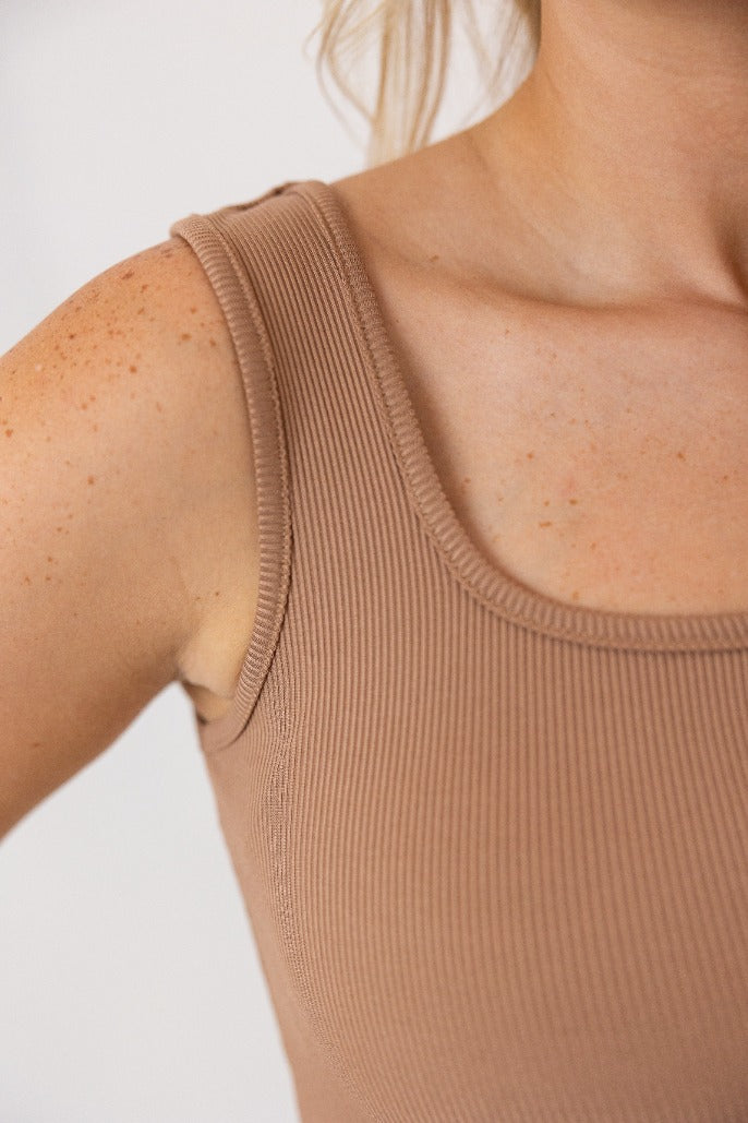 Bella Square Neck Rib Knit Tank Top, Tan