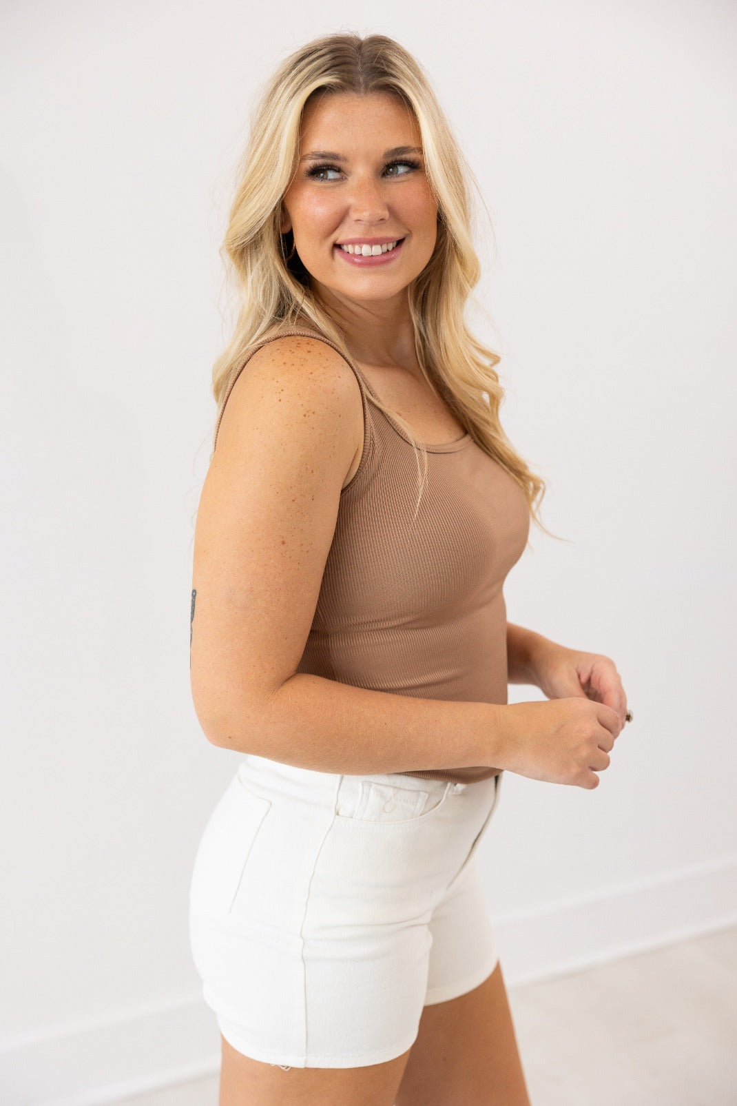 Bella Square Neck Rib Knit Tank Top, Tan