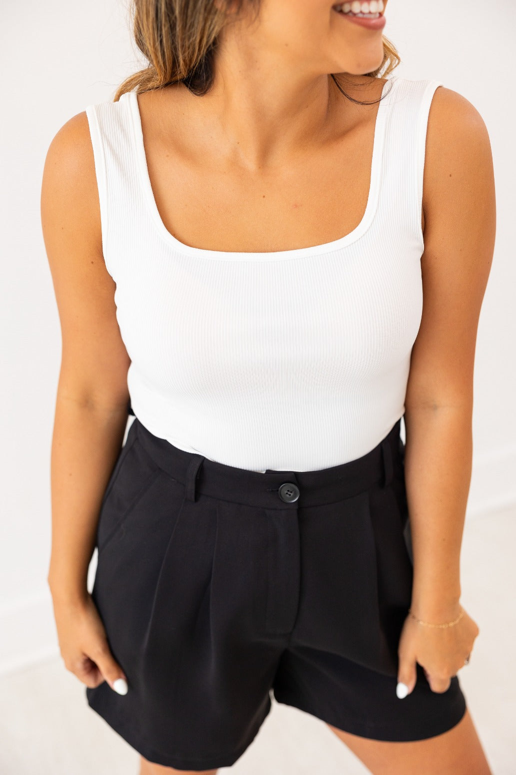 Bella Square Neck Rib Knit Tank Top, White