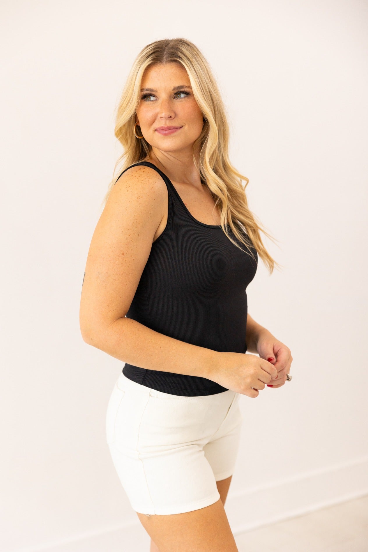 Bella Square Neck Rib Knit Tank Top Black