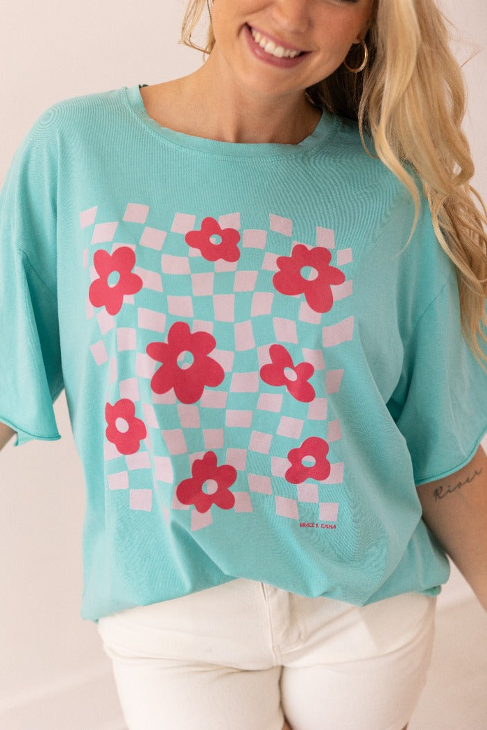 Checkered Flowers On Turquoise Relaxed Fit Tee