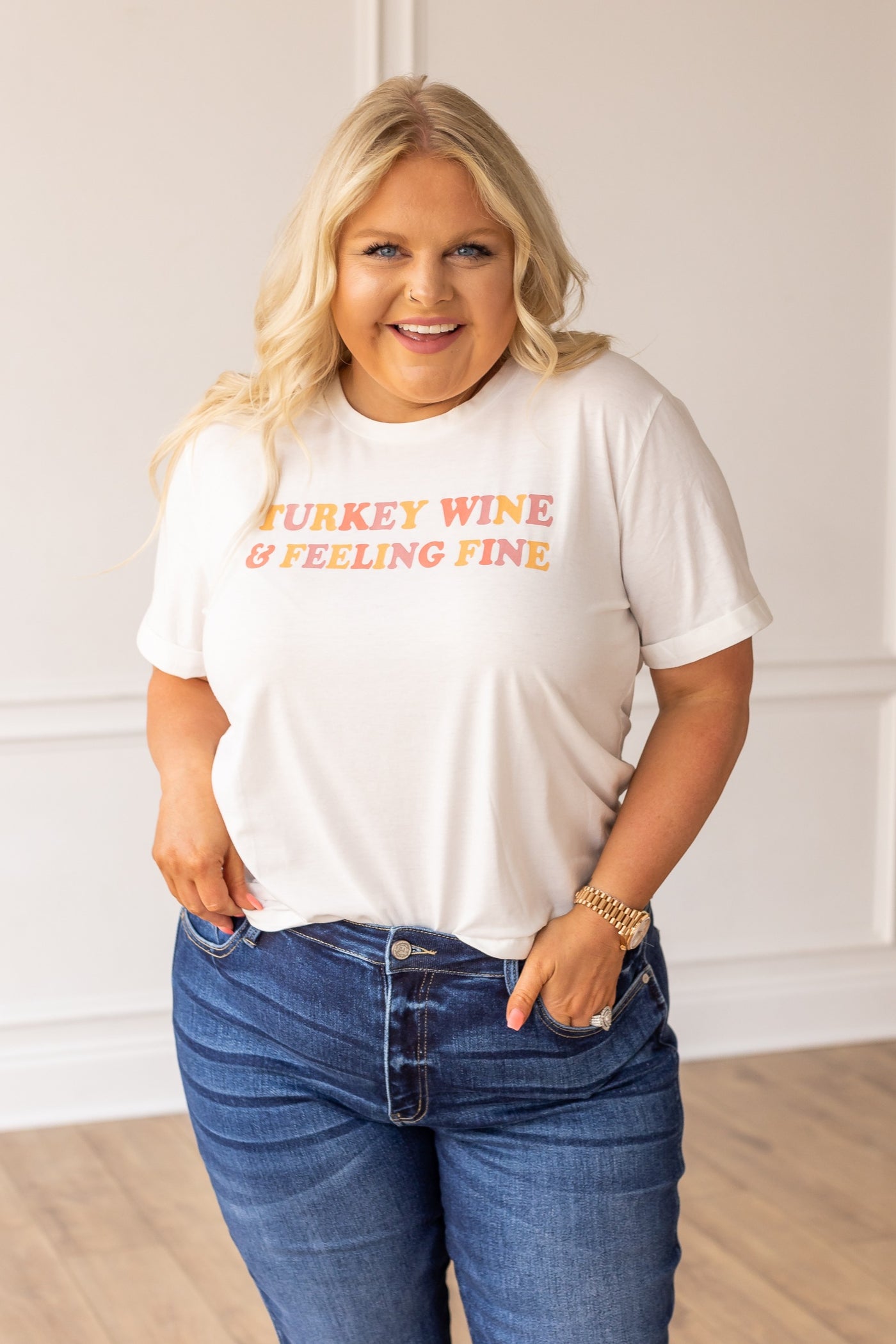 Turkey Wine and Feeling Fine on Vanilla Bean-White Cuff Tee