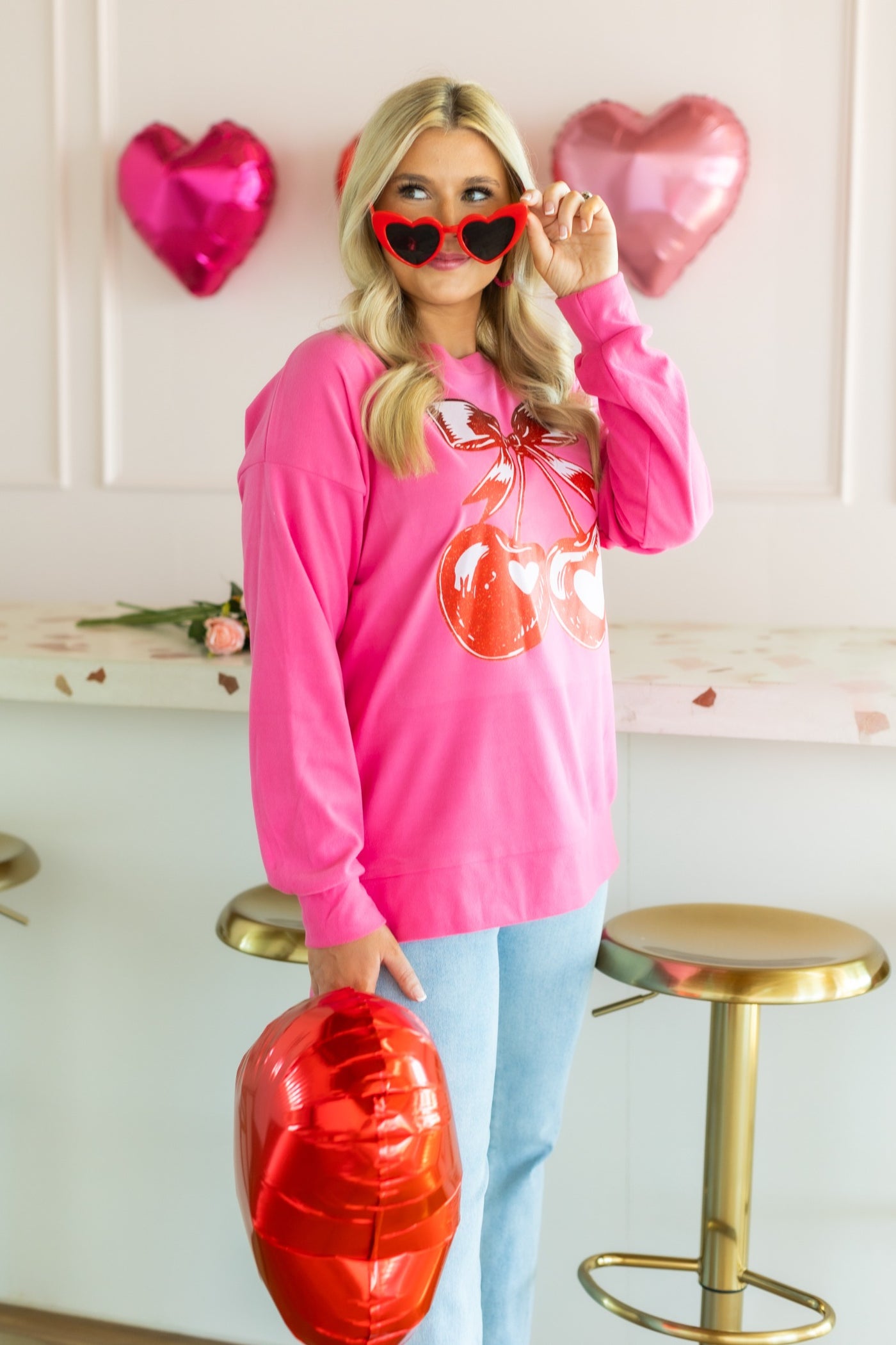 Heart Cherries on Pink Sweatshirt