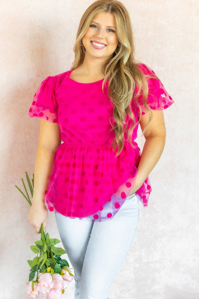 Polka Dot Mesh Peplum Blouse