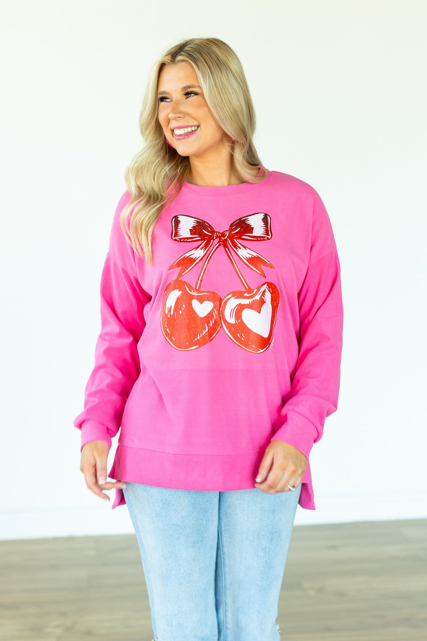 Heart Cherries on Pink Sweatshirt