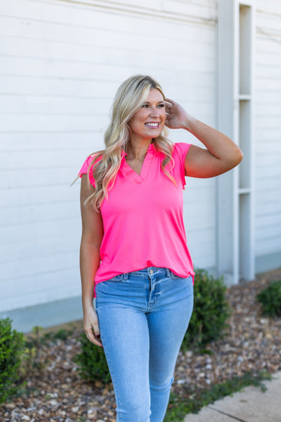 The Nicole V-Neck Top, Neon Pink