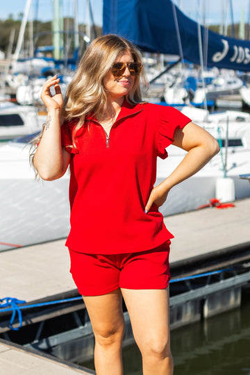 Red Quarter Zip with Flutter Sleeves