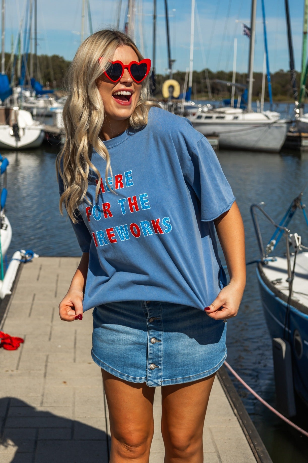 "Here For Fireworks" On Blue Relaxed Fit Tee