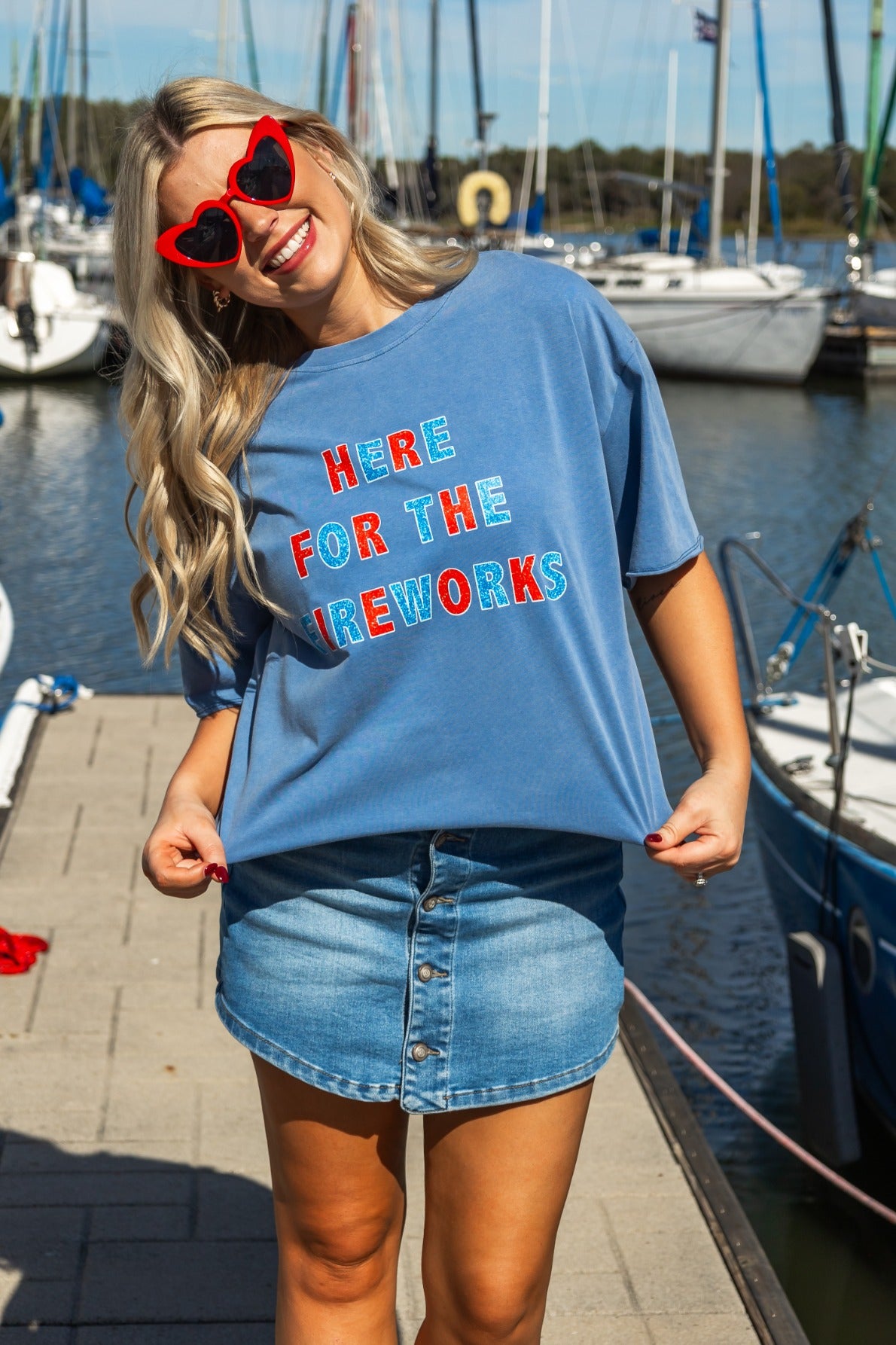"Here For Fireworks" On Blue Relaxed Fit Tee