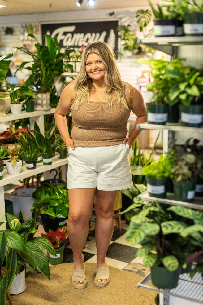Bella Square Neck Rib Knit Tank Top, Tan