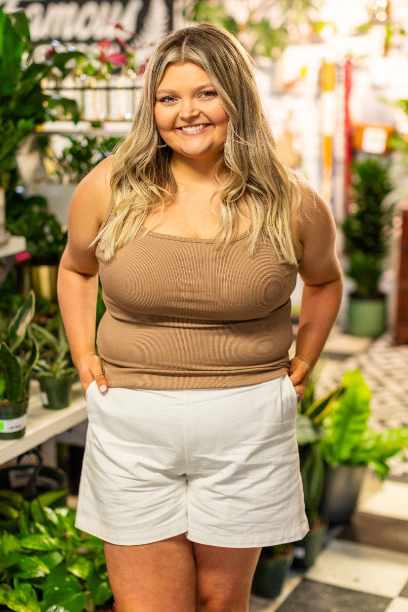 Bella Square Neck Rib Knit Tank Top, Tan