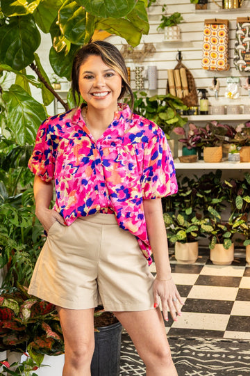 Pink & Purple Leopard Button-Up Blouse