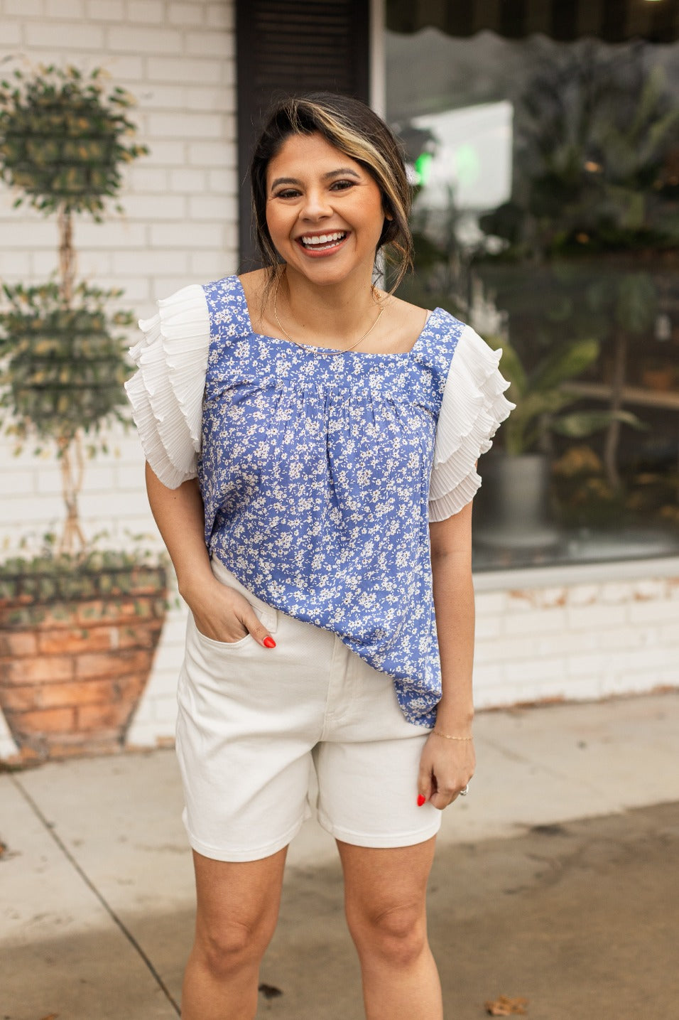 Blue Floral Blouse Ruffle Sleeve