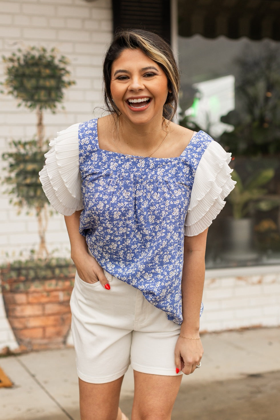 Blue Floral Blouse Ruffle Sleeve