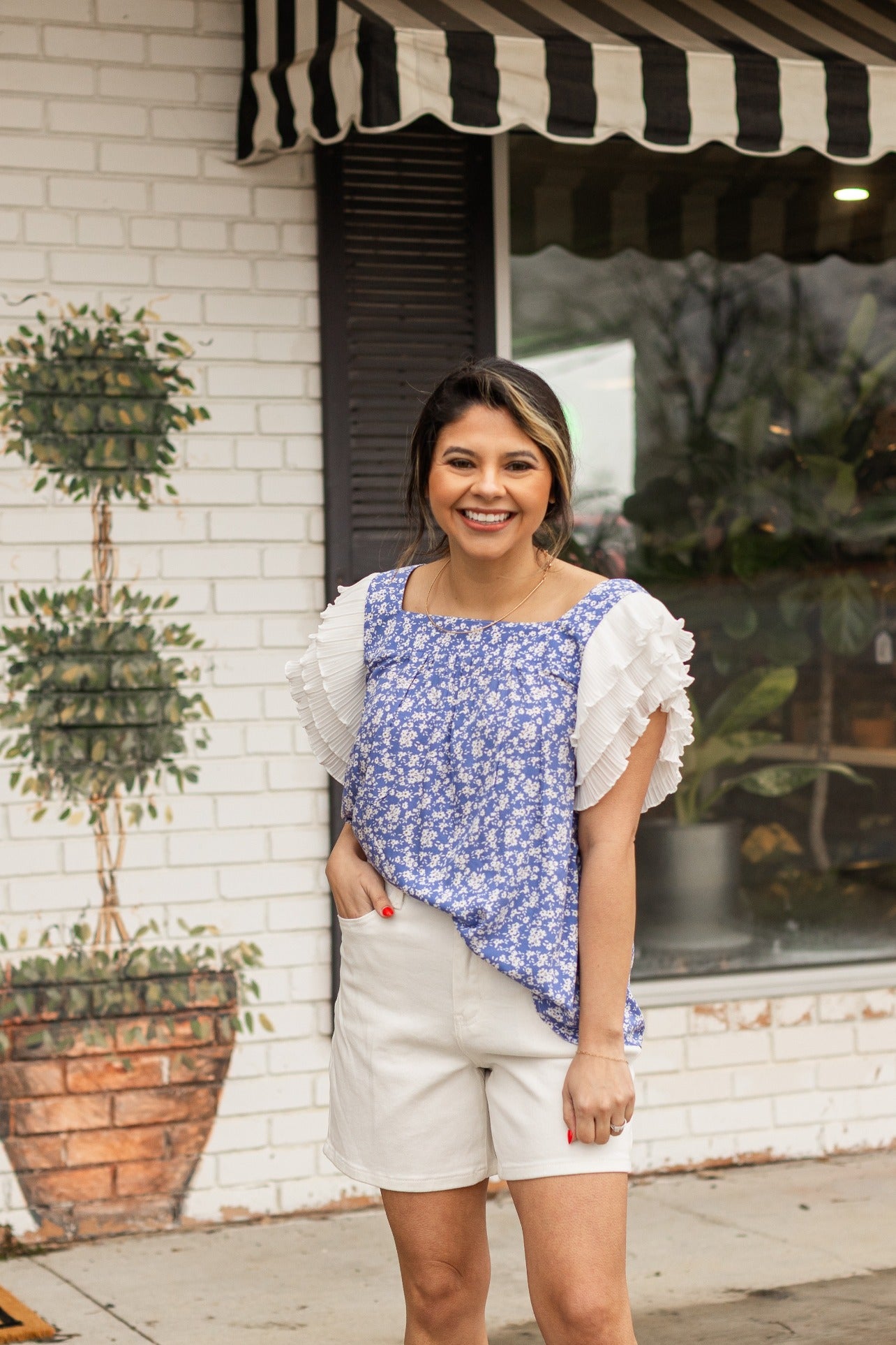 Blue Floral Blouse Ruffle Sleeve