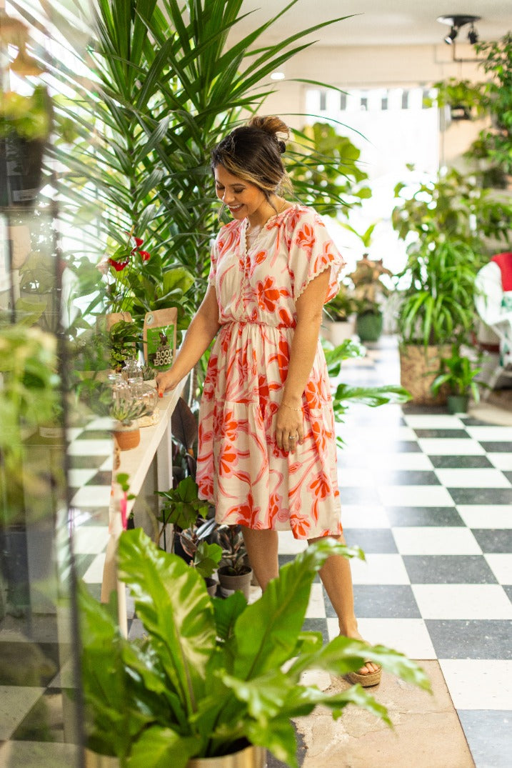 Pink Floral Dress Scallop Trim