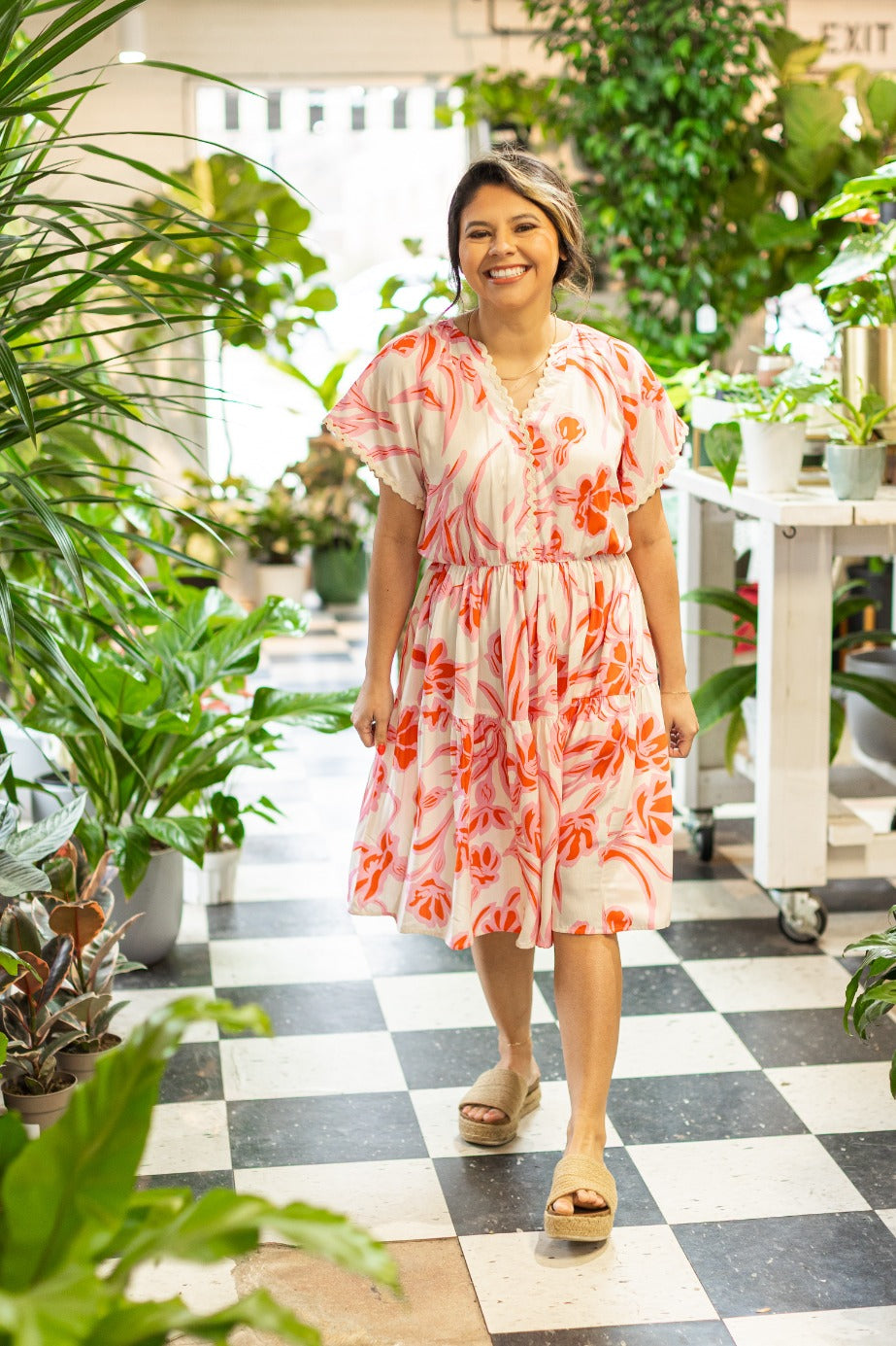 Pink Floral Dress Scallop Trim