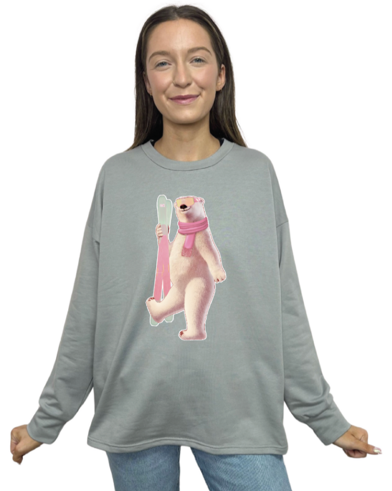 Polar Bear Skiing on Light Weight Sweatshirt, Grey