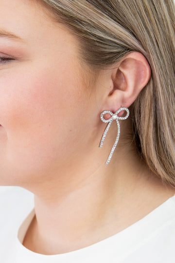 Rhinestone Bow Earrings, Silver