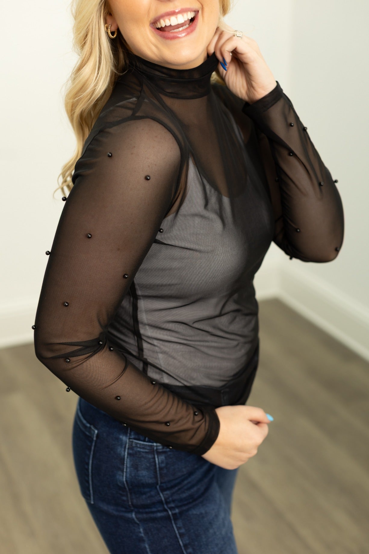 Mock Neck Mesh Top with Pearl Detail, Black