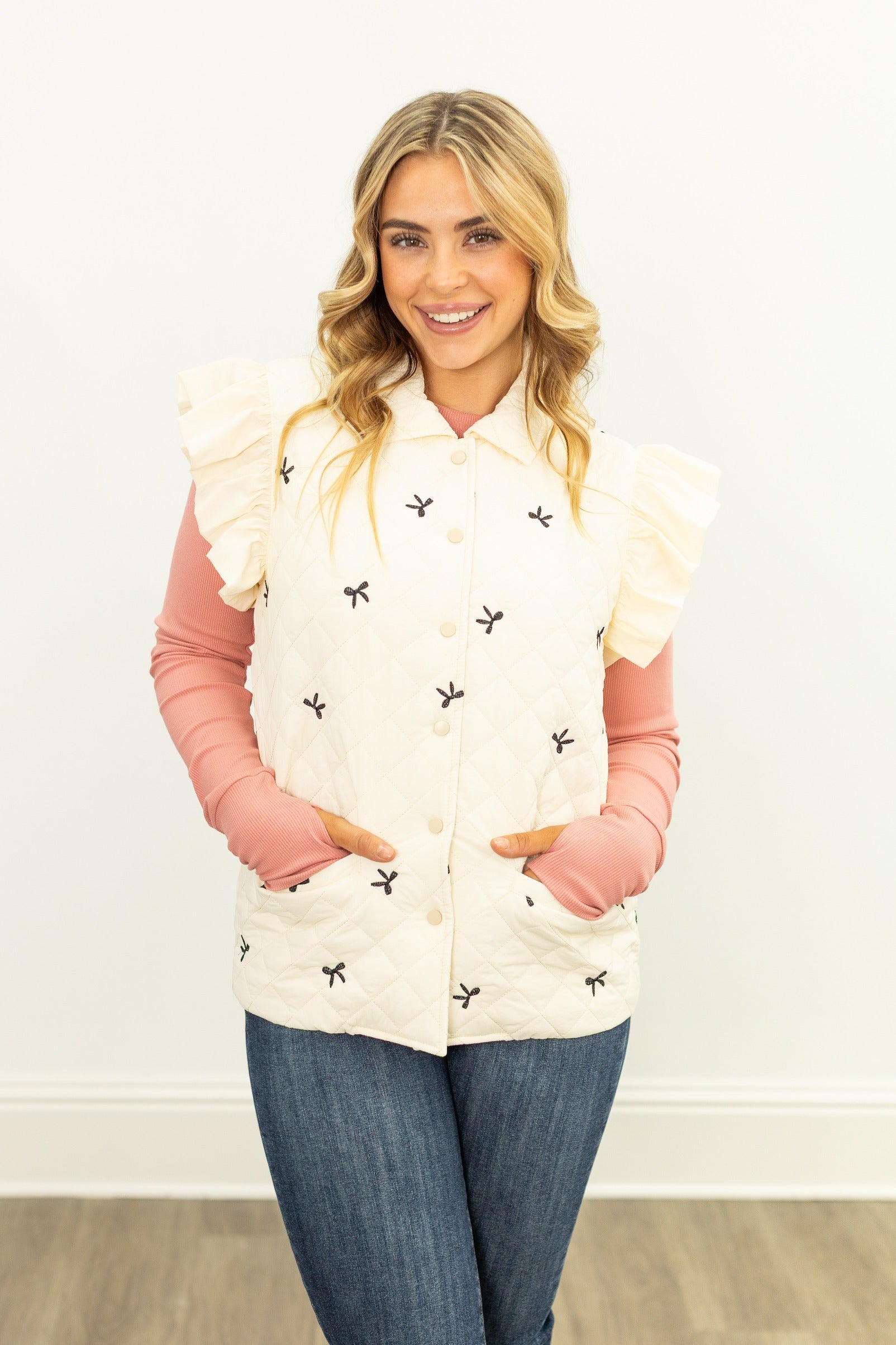 Quilted Puffer Vest with Bows, Ivory
