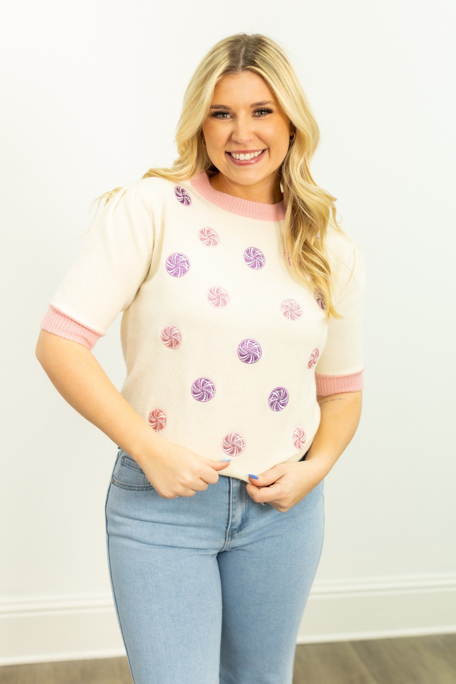 Glitter Peppermints on Puff Sleeve Knit Top