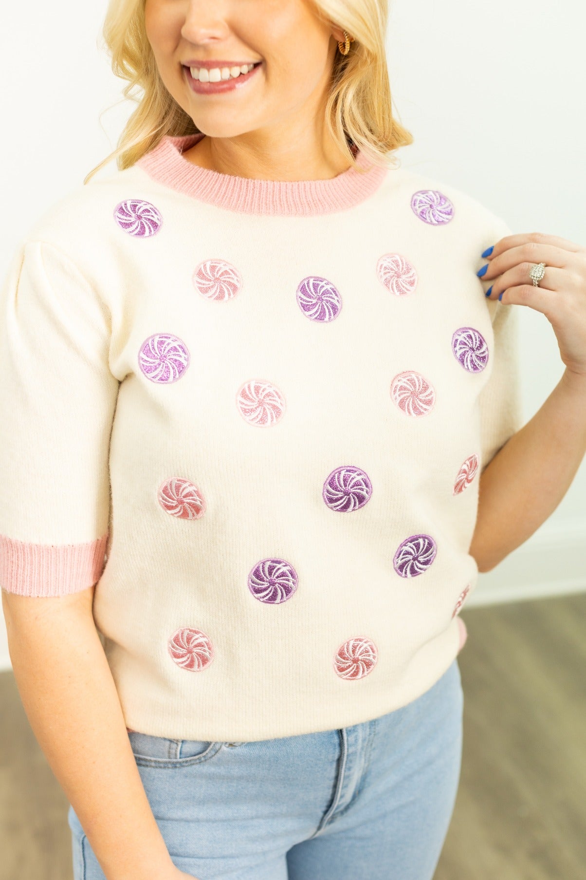 Glitter Peppermints on Puff Sleeve Knit Top