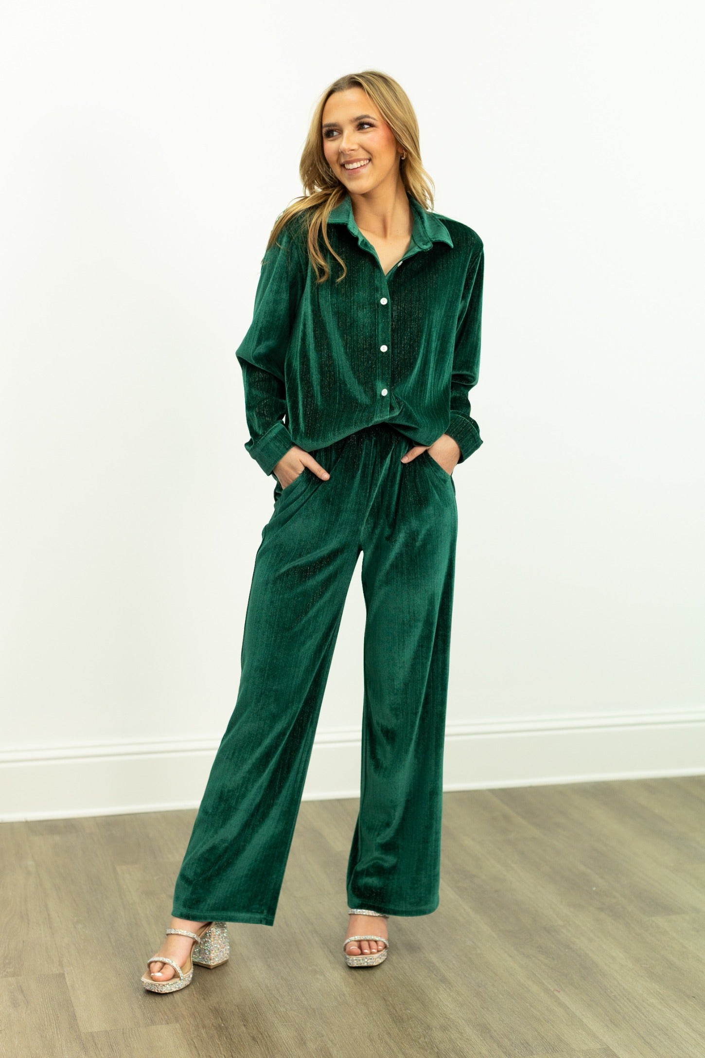 Velvet Button-Up Top, Green