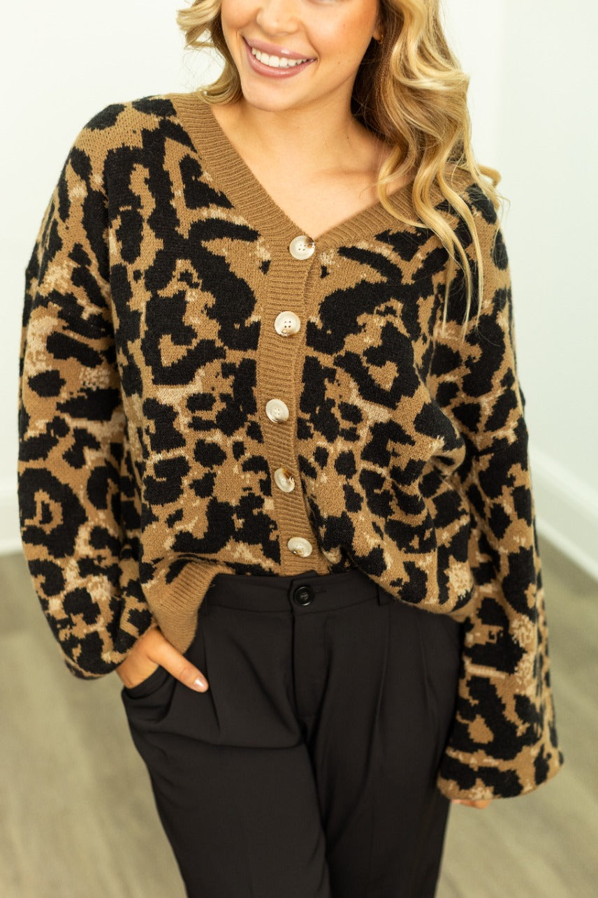 Cropped Cardigan Sweater, Leopard