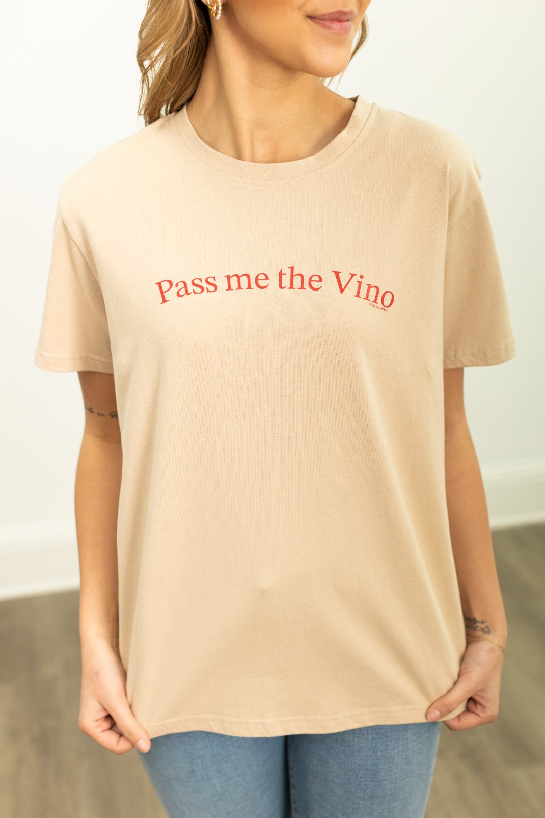 Vino on Beige Tee Shirt