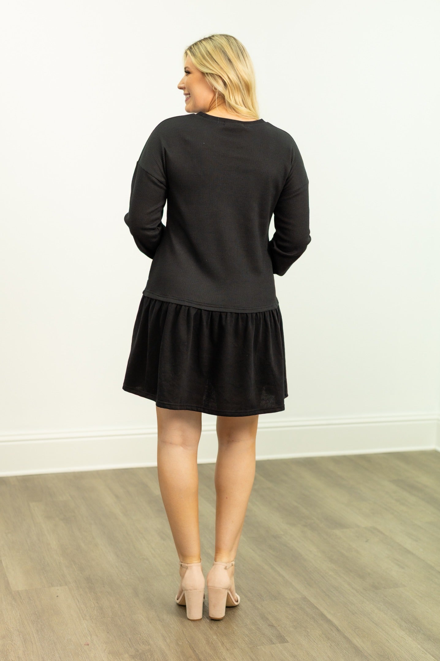 Waffle Knit Long-Sleeve Dress, Black