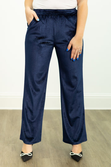 Velvet Straight-Leg Pants, Navy