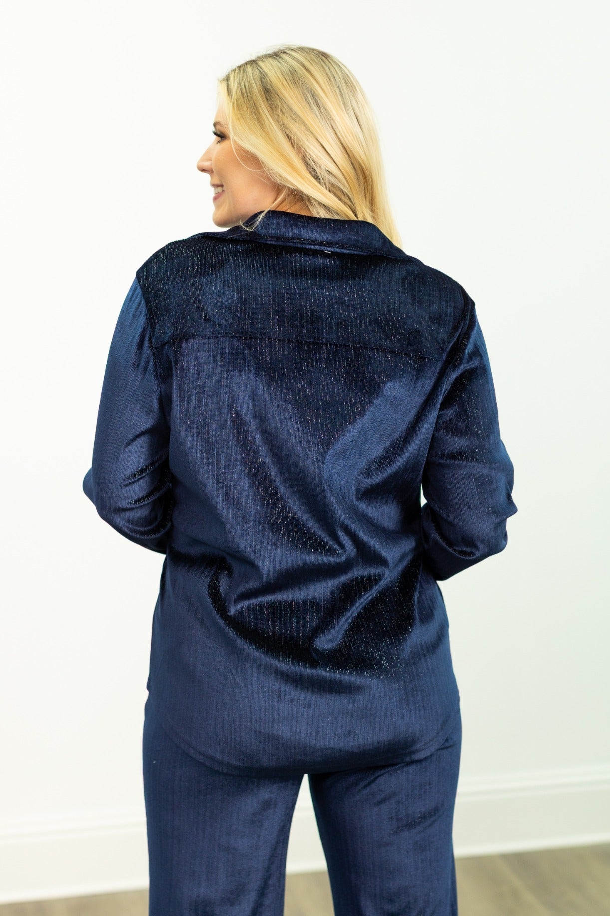 Velvet Button-Up Top, Navy