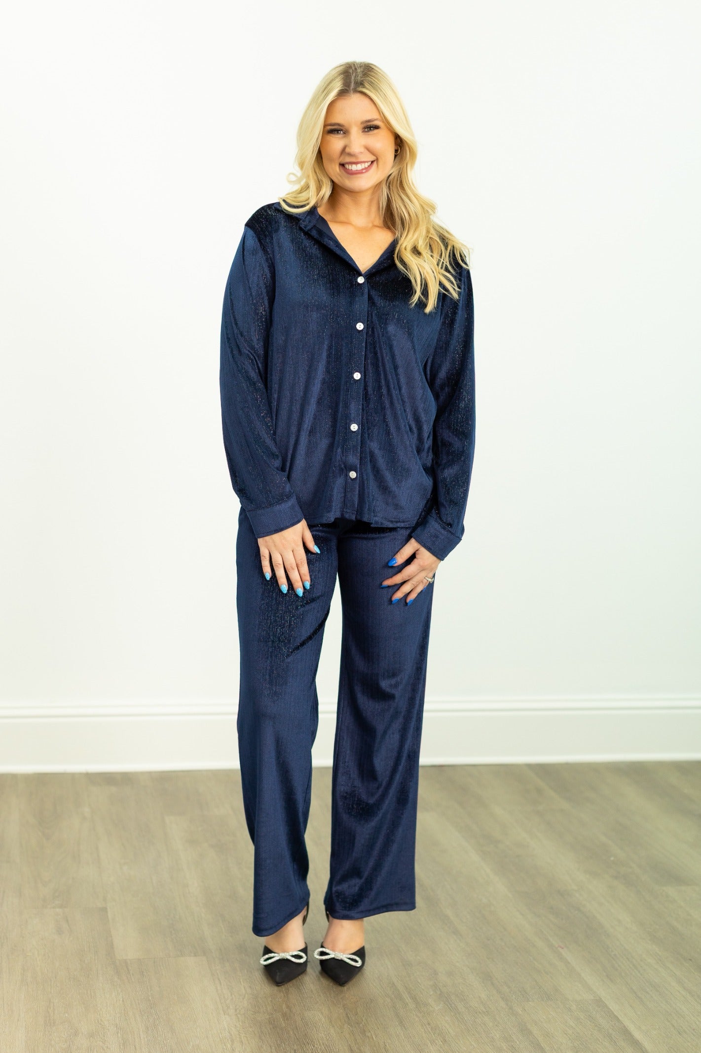 Velvet Button-Up Top, Navy