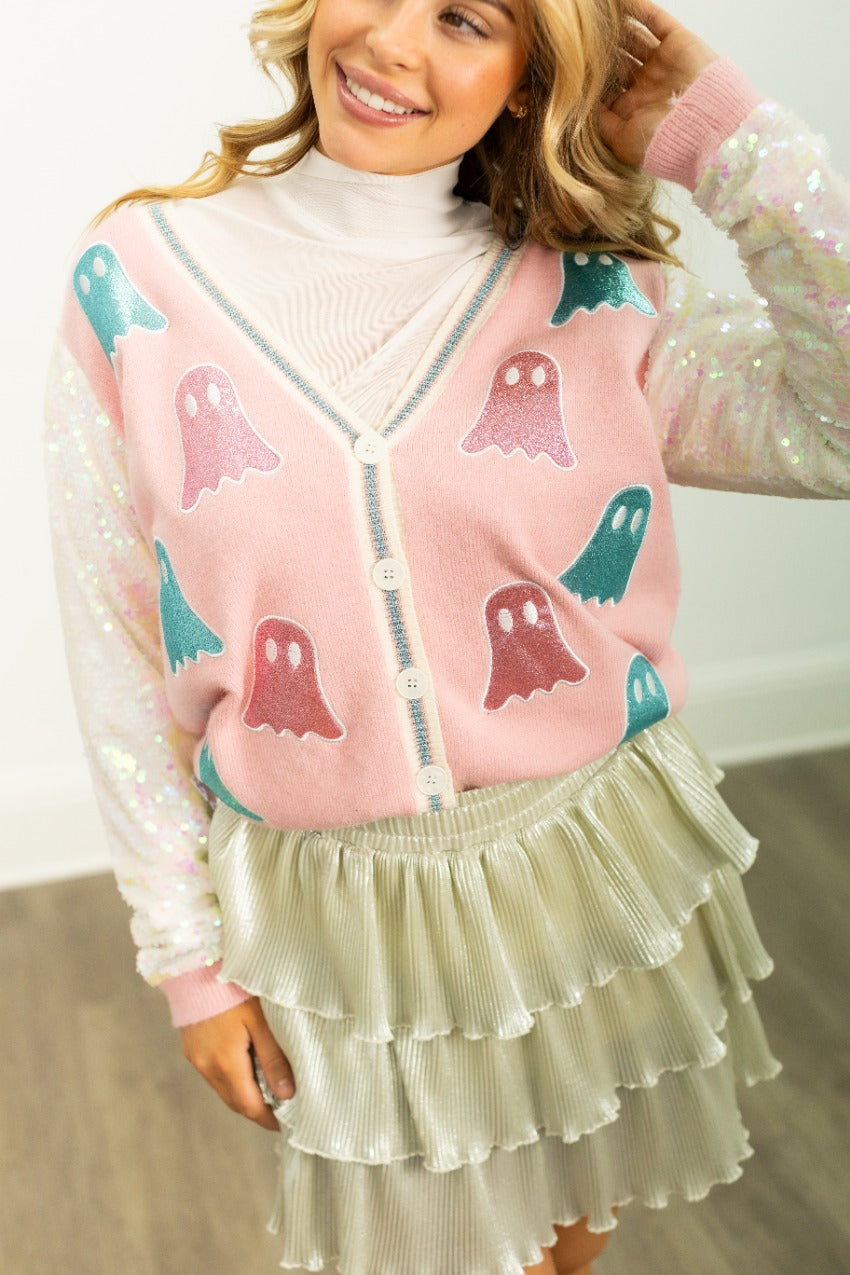 Glitter Ghosts on Pink Cardigan