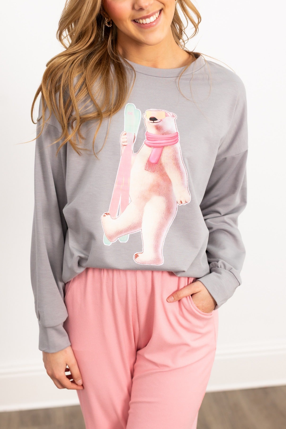 Polar Bear Skiing on Light Weight Sweatshirt, Grey