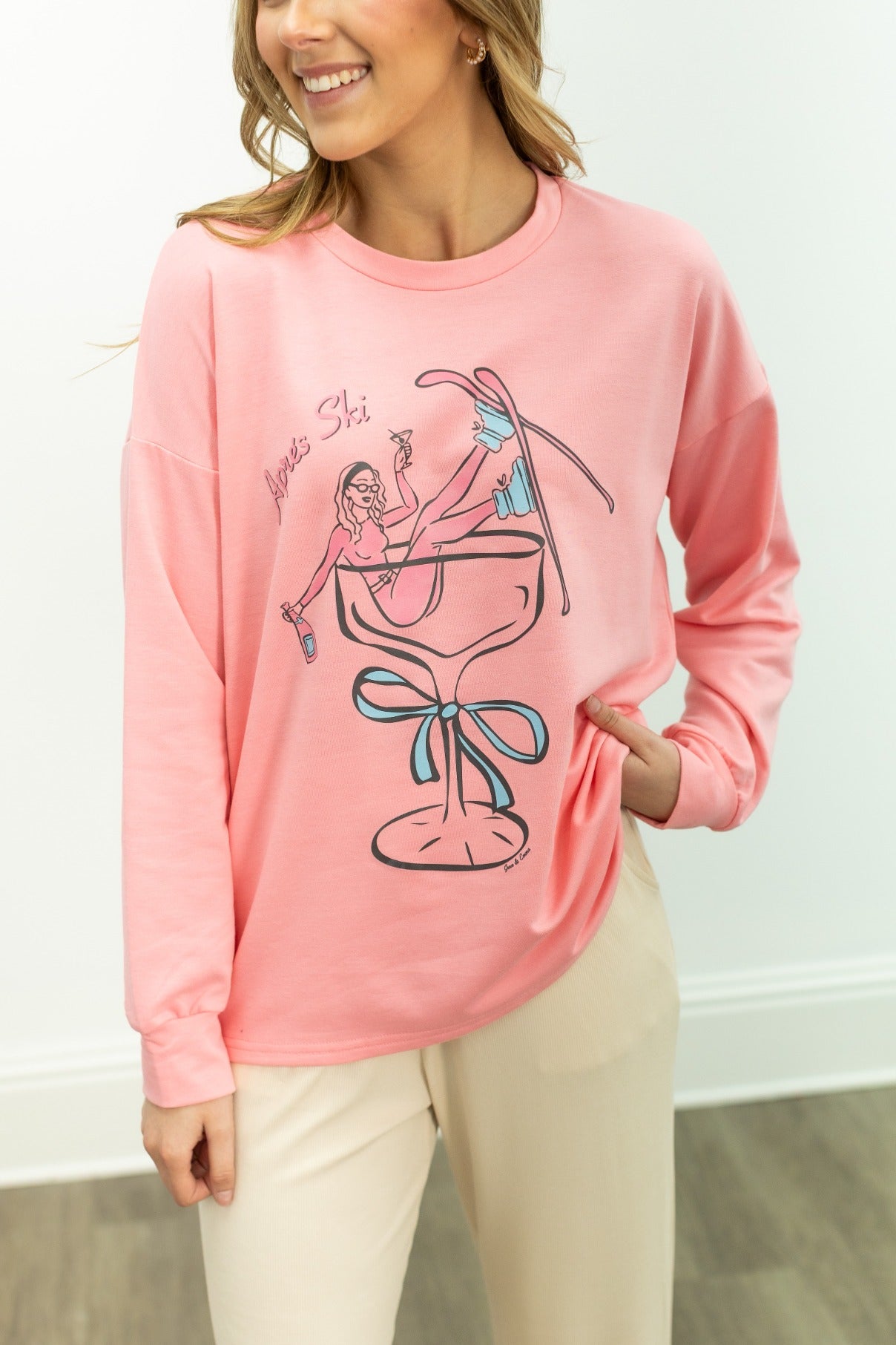 Apres Ski on Light Weight Sweatshirt, Pink