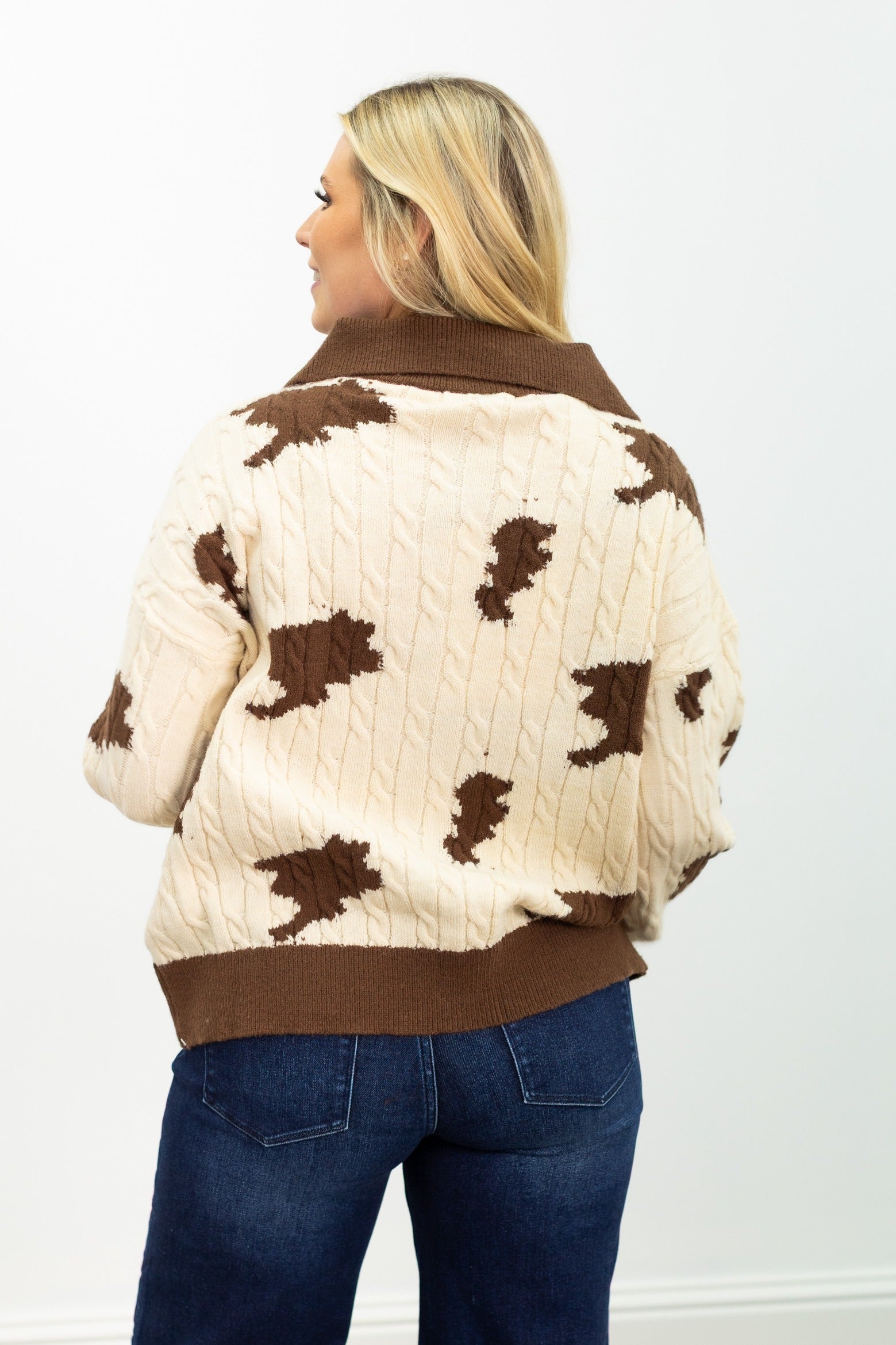 Zip Cow Print Sweater