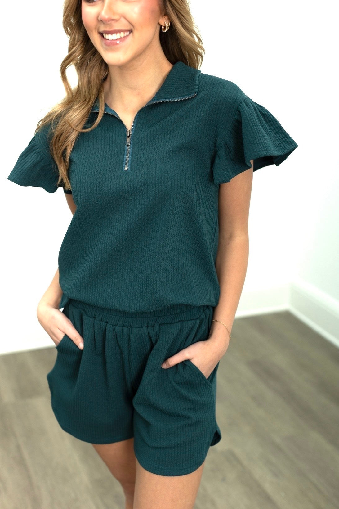 Forest Green Quarter Zip with Flutter Sleeves