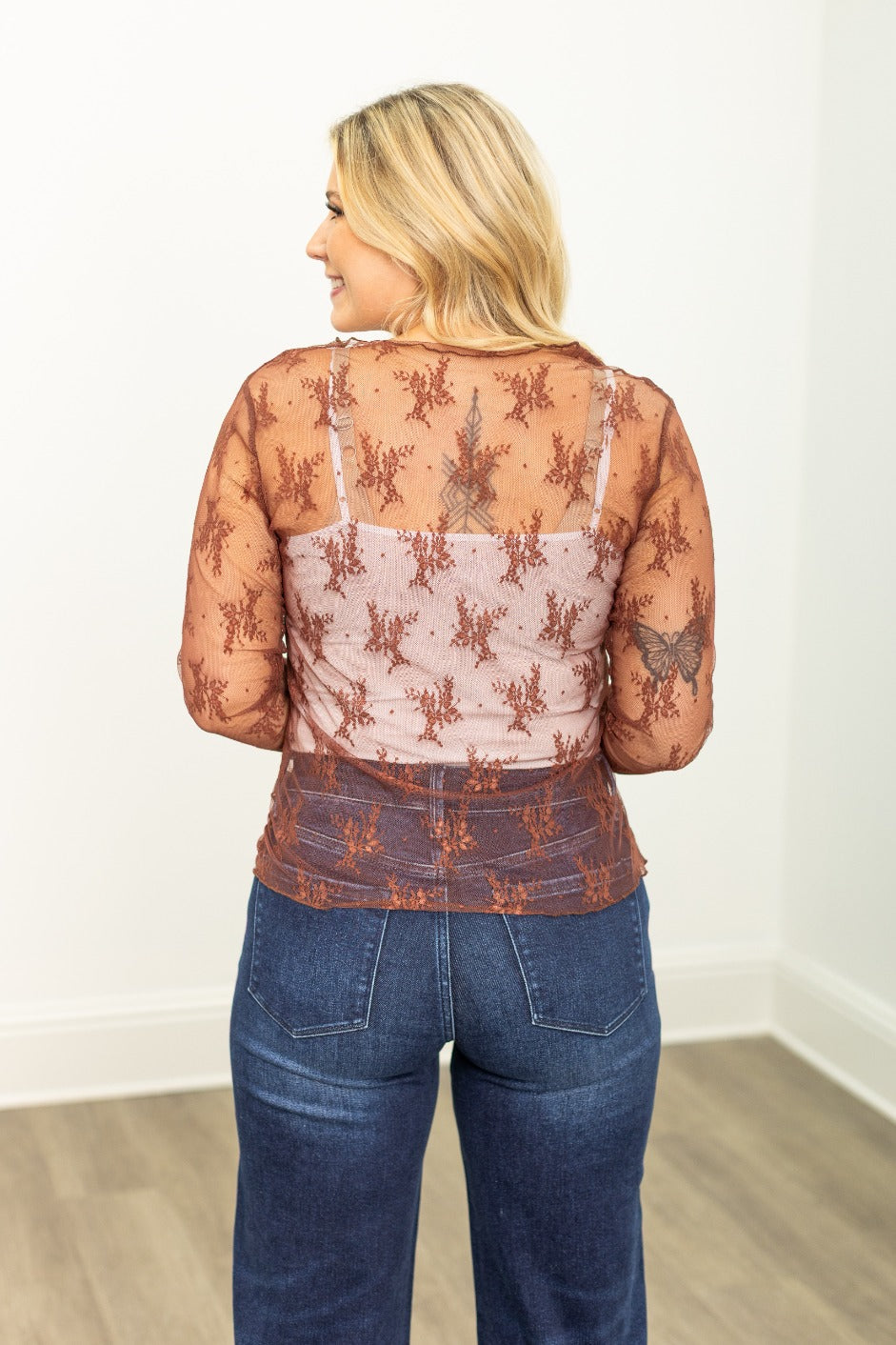 Lace Long-sleeve Top, Brown