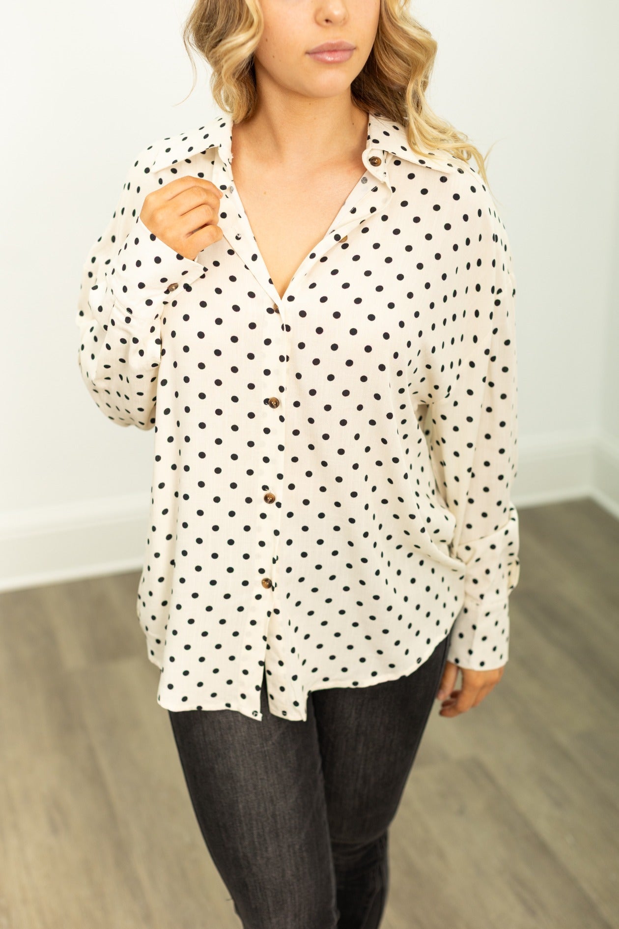 Kathryn Classic Button-Up, Ivory Polka-Dot