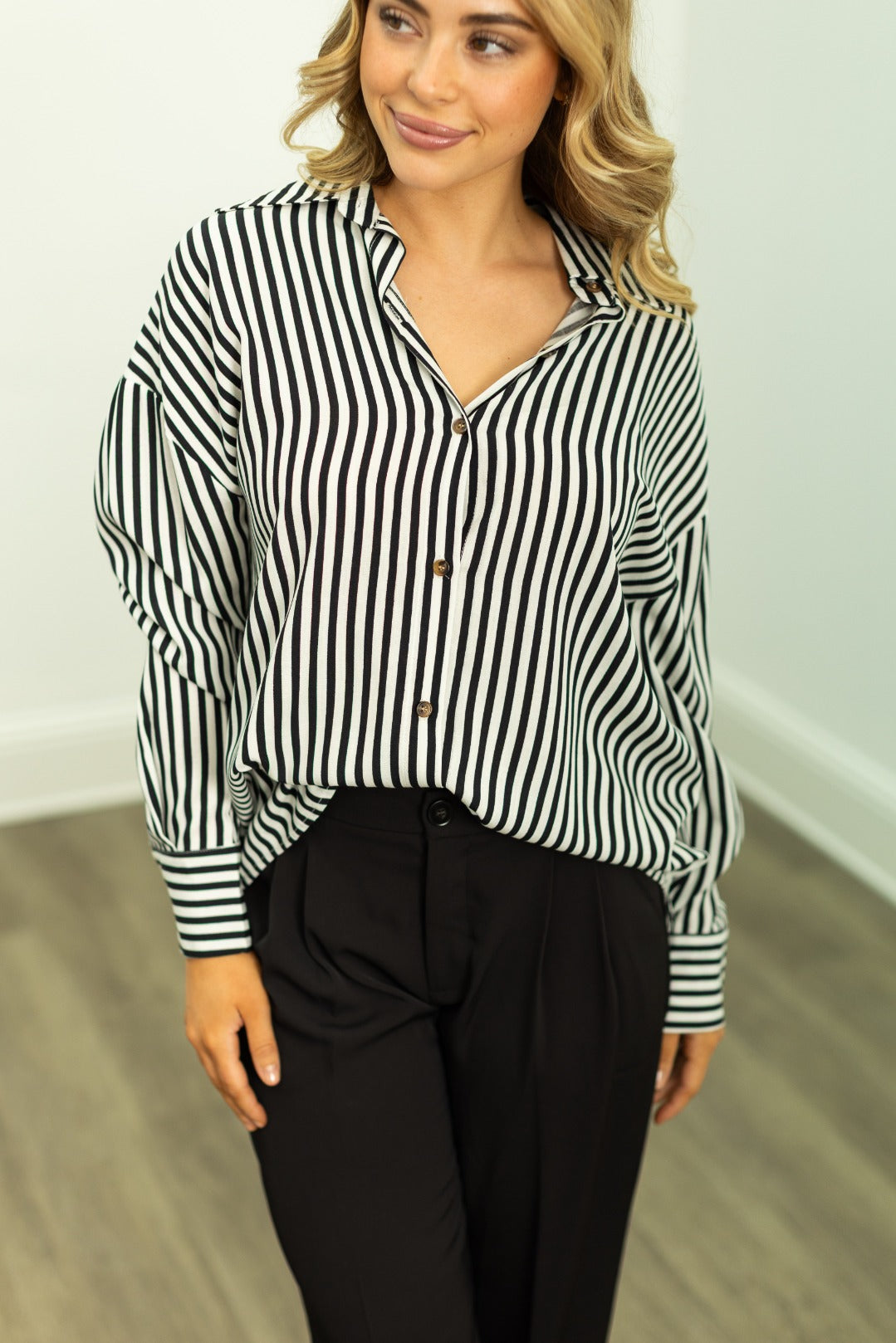Kathryn Classic Button-Up, Black Stripes