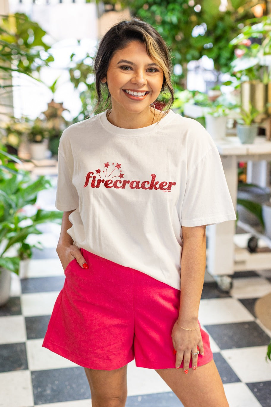 Firecrackers on White Tee Shirt