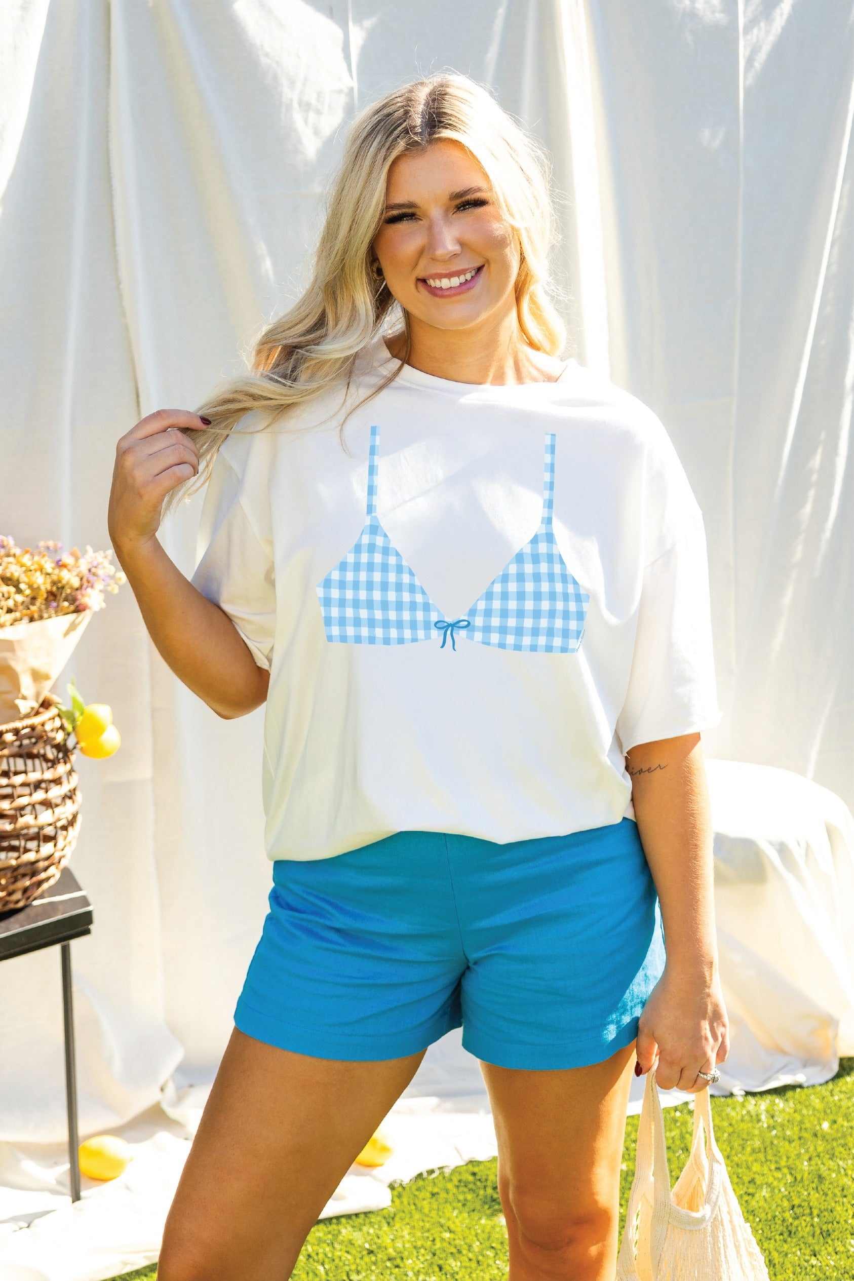 Blue Bikini on White Tee Shirt