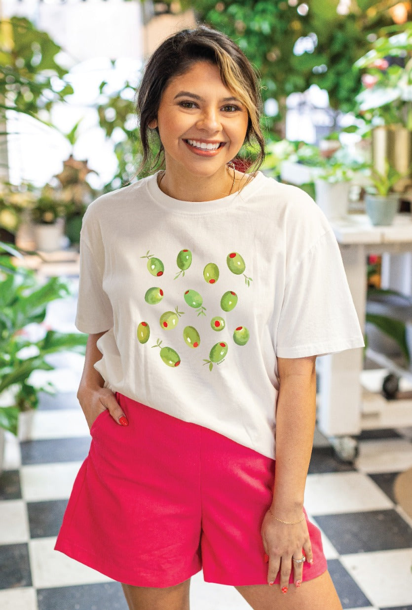Olives on White Tee Shirt