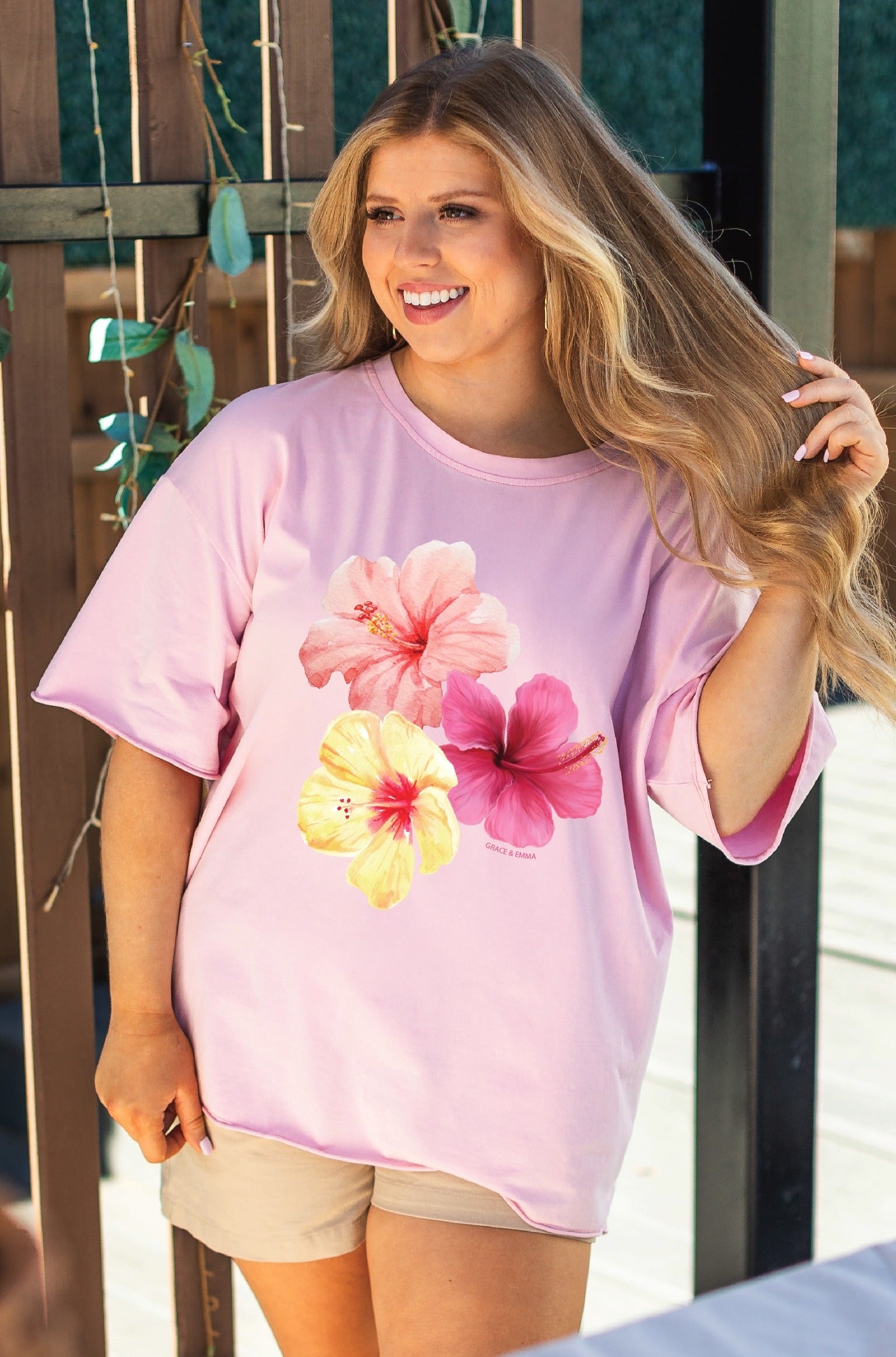 Tropical Flowers on Pink Tee Shirt
