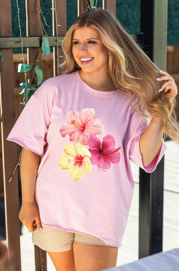 Tropical Flowers on Pink Tee Shirt