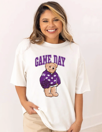 Purple Game Day Bear on White Tee Shirt