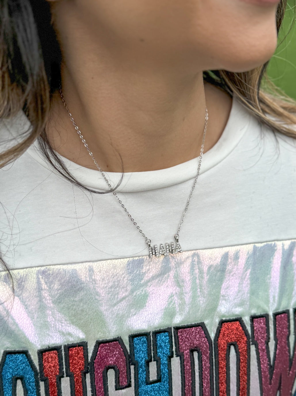 Icy MAMA Silver Chain Necklace With Silver Jeweled MAMA Pendant