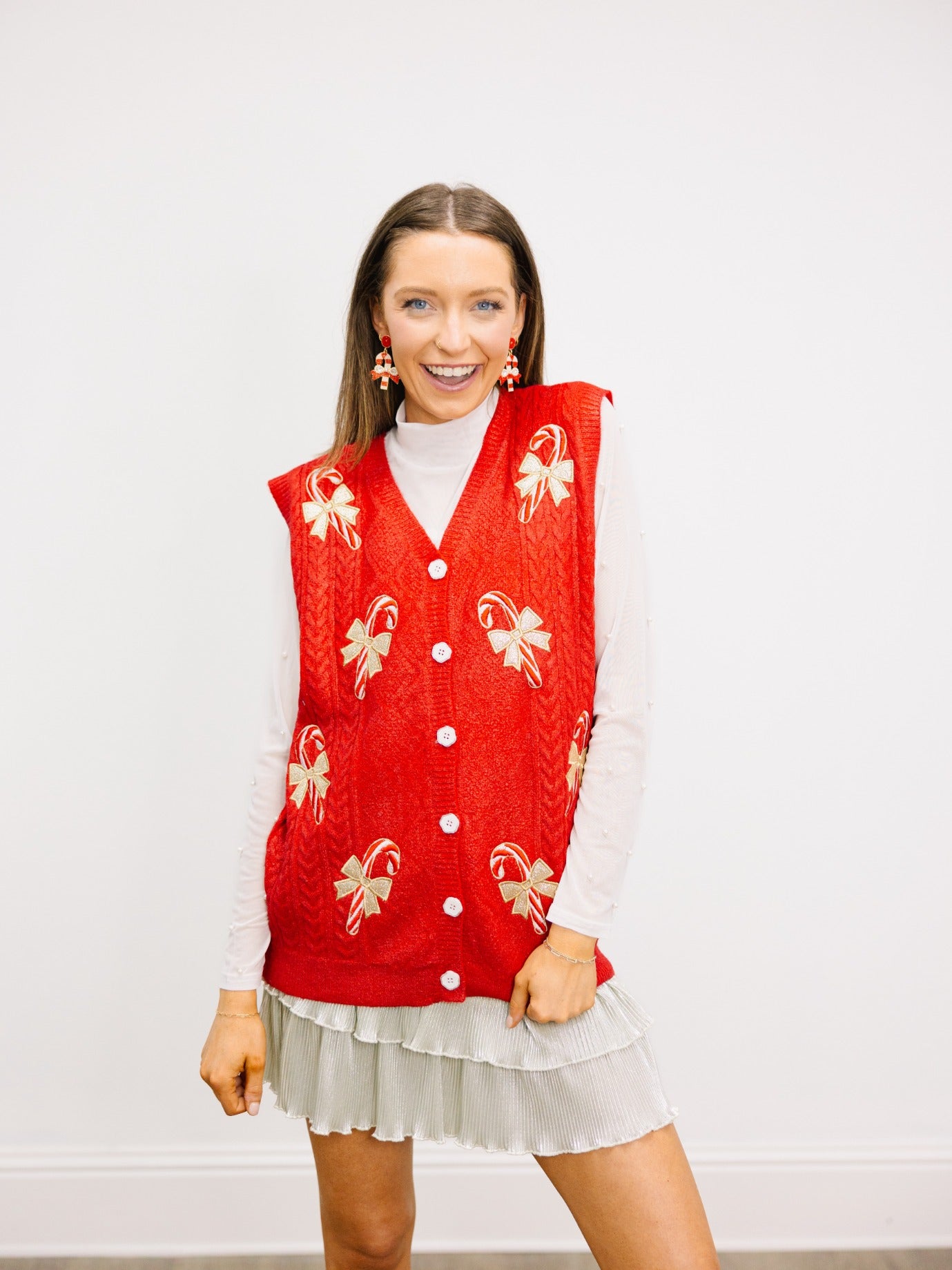 Red Shimmer Sweater Vest with Candy Cane Patches